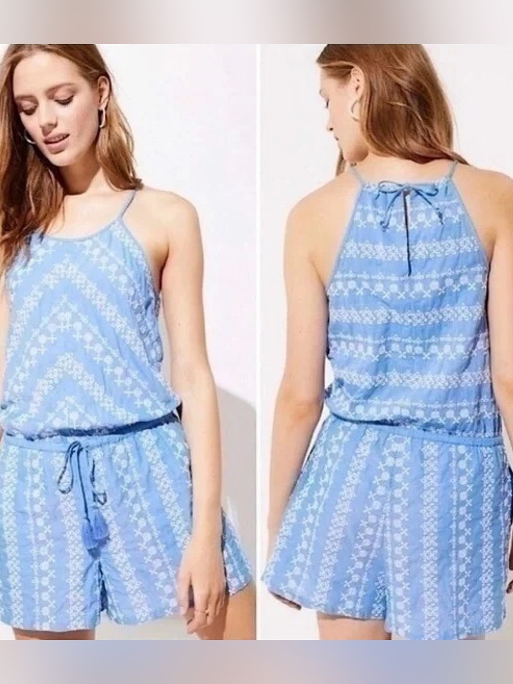 LOFT Romper Women's Blue White Eyelet Cotton Lightweight Pockets Size M